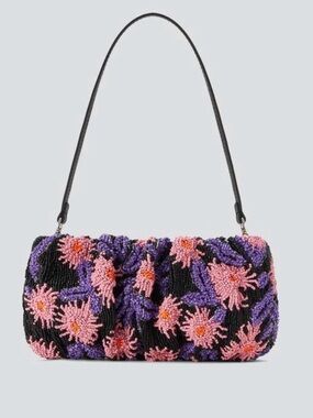 STAUD Beaded Floral Bean Bag in Black, Purple & Pink
